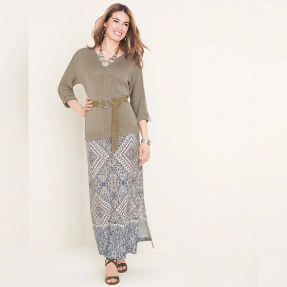 Chico’s Blue and Neural Printed Column Maxi Shirt - Picture 2 of 9